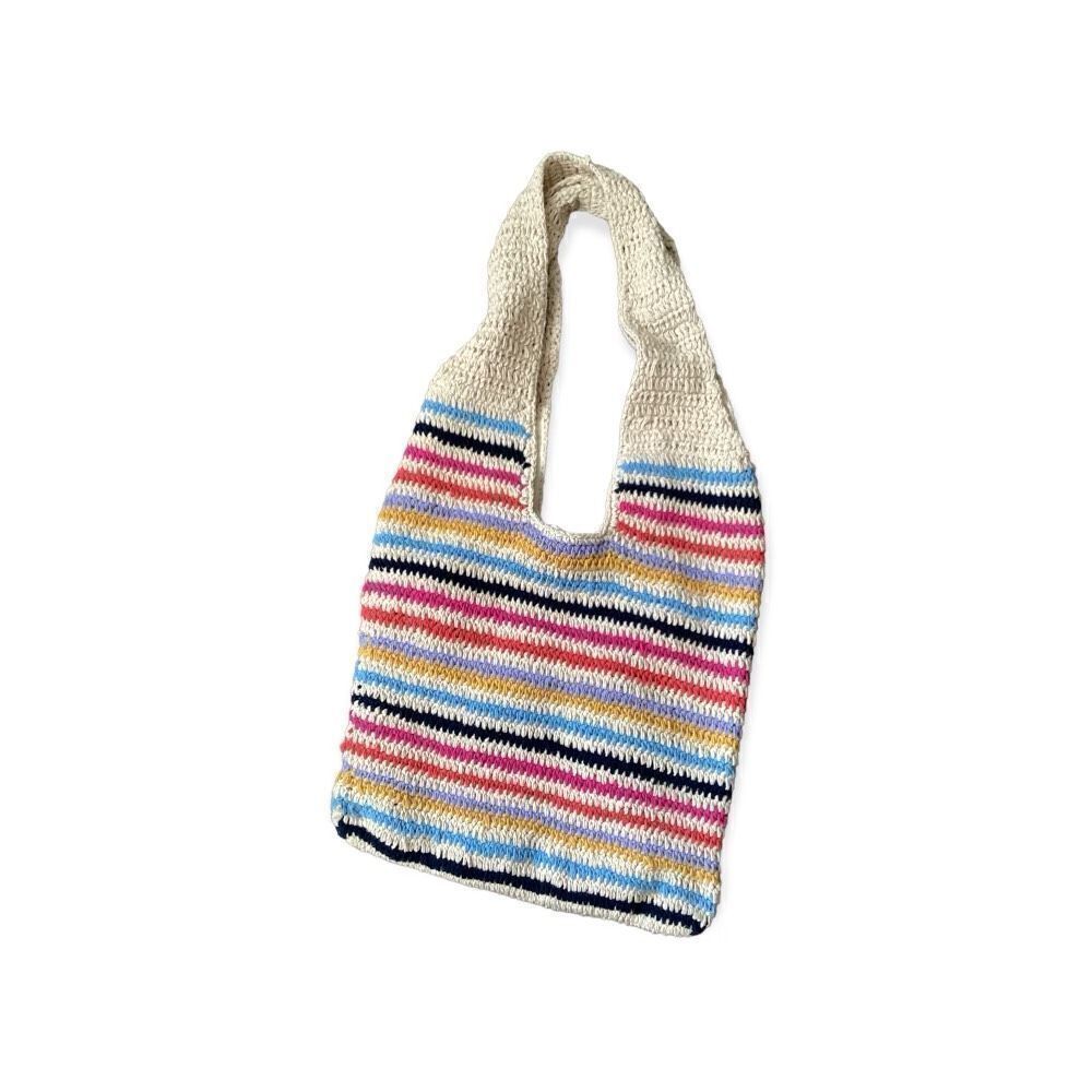 Cream Striped Crocheted Festival Bag